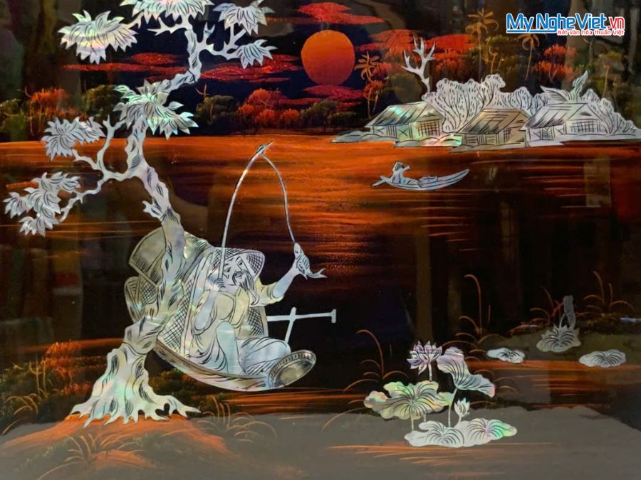 Tranh Sơn Mài Ngư Ông Câu Cá Cẩn Ốc Chìm Nền Ấm 30x40cm TSM343-2