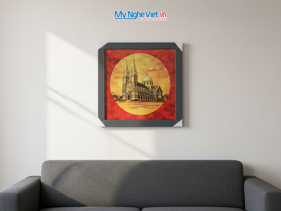 Tranh Sơn Mài Vẽ Nhà Thờ Chính Tòa Phú Cường 35x35cm TBL012