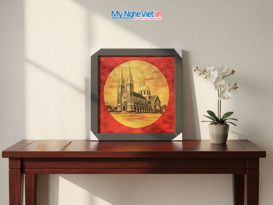 Tranh Sơn Mài Vẽ Nhà Thờ Chính Tòa Phú Cường 35x35cm TBL012