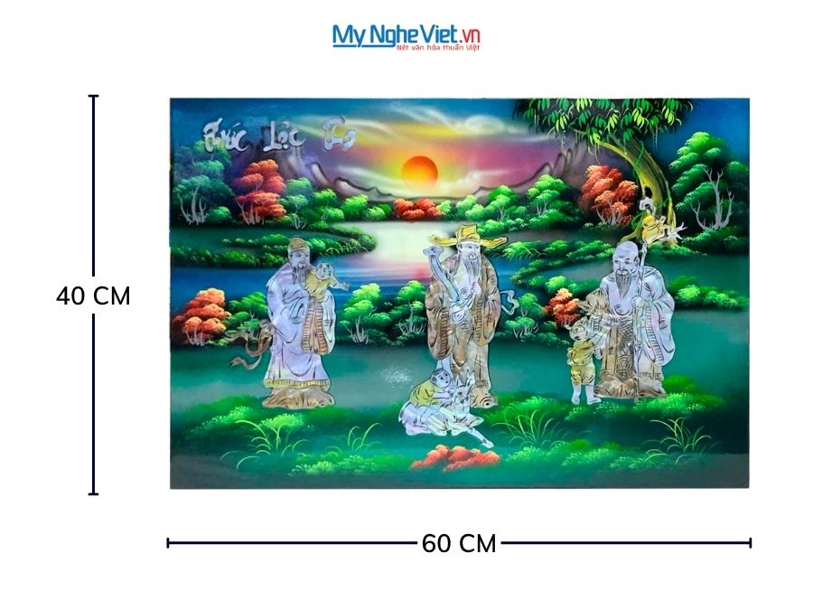 Tranh Sơn Mài Phúc Lộc Thọ Cẩn Ốc Nền Xanh 40x60cm TSM467