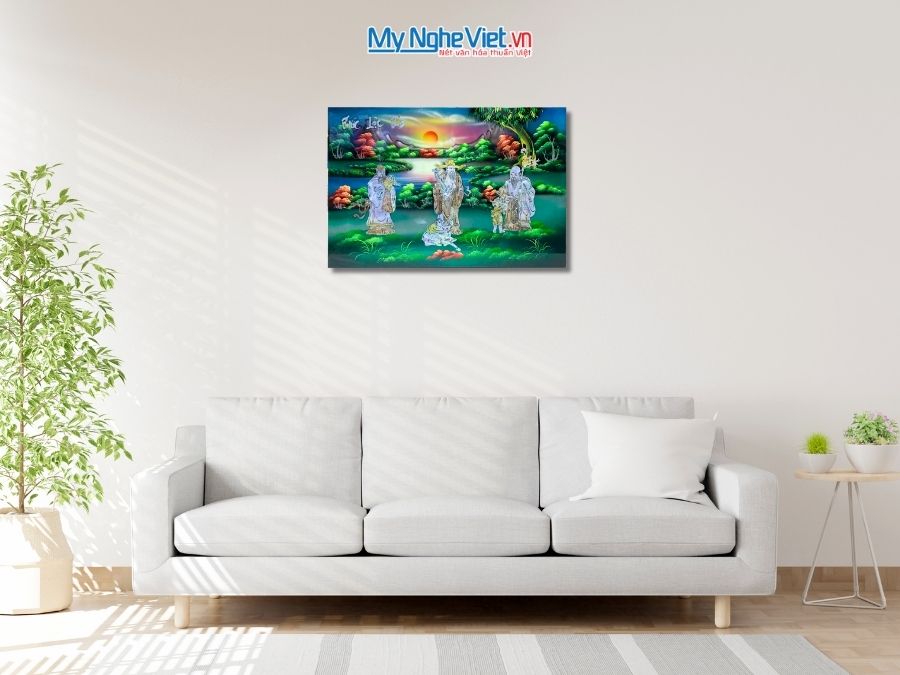 Tranh Sơn Mài Phúc Lộc Thọ Cẩn Ốc Nền Xanh 40x60cm TSM467