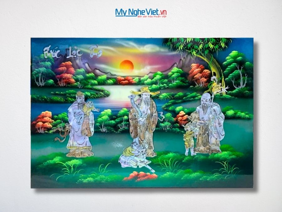 Tranh Sơn Mài Phúc Lộc Thọ Cẩn Ốc Nền Xanh 40x60cm TSM467