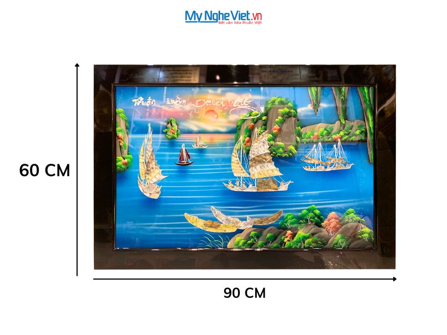 Tranh Sơn Mài Thuận Buồm Xuôi Gió Cẩn Ốc Nổi Nền Xanh 60x90cm TSM699