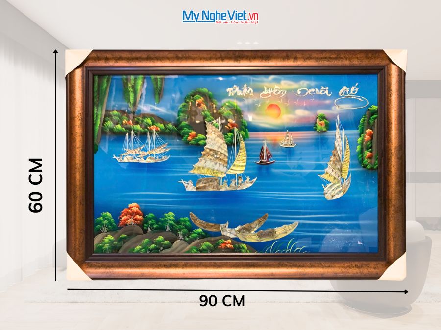 Tranh Sơn Mài Thuận Buồm Xuôi Gió Cẩn Ốc Nền Xanh 60x90cm TSM699N