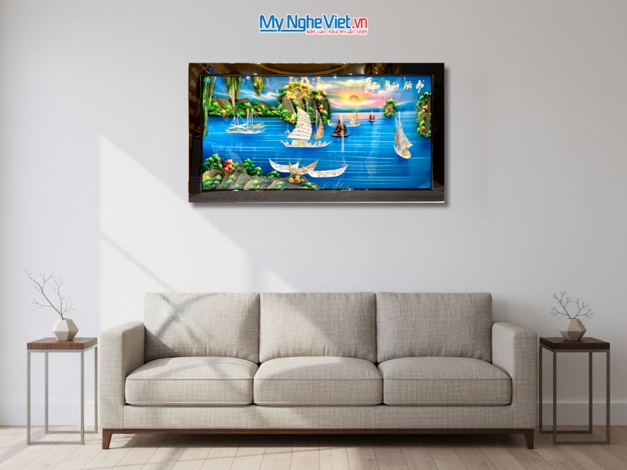 Tranh Sơn Mài Thuận Buồm Xuôi Gió Cẩn Ốc Nổi Nền Xanh 73x132cm TSM60120K-TBCO
