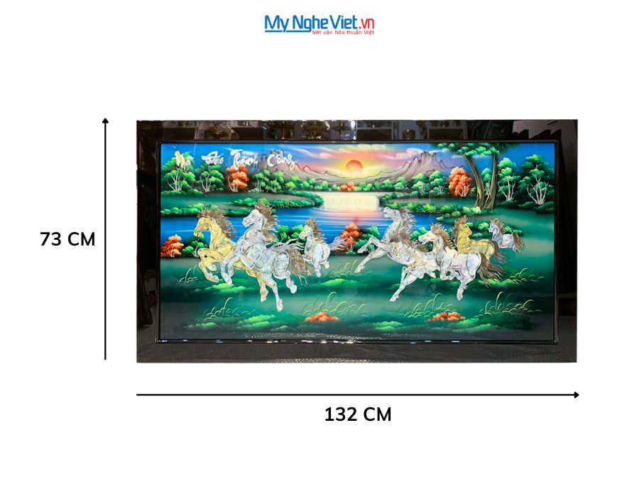 Tranh Sơn Mài Mã Đáo Thành Công Cẩn Ốc Nổi Nền Xanh 73x132cm TSM60120K-MĐX