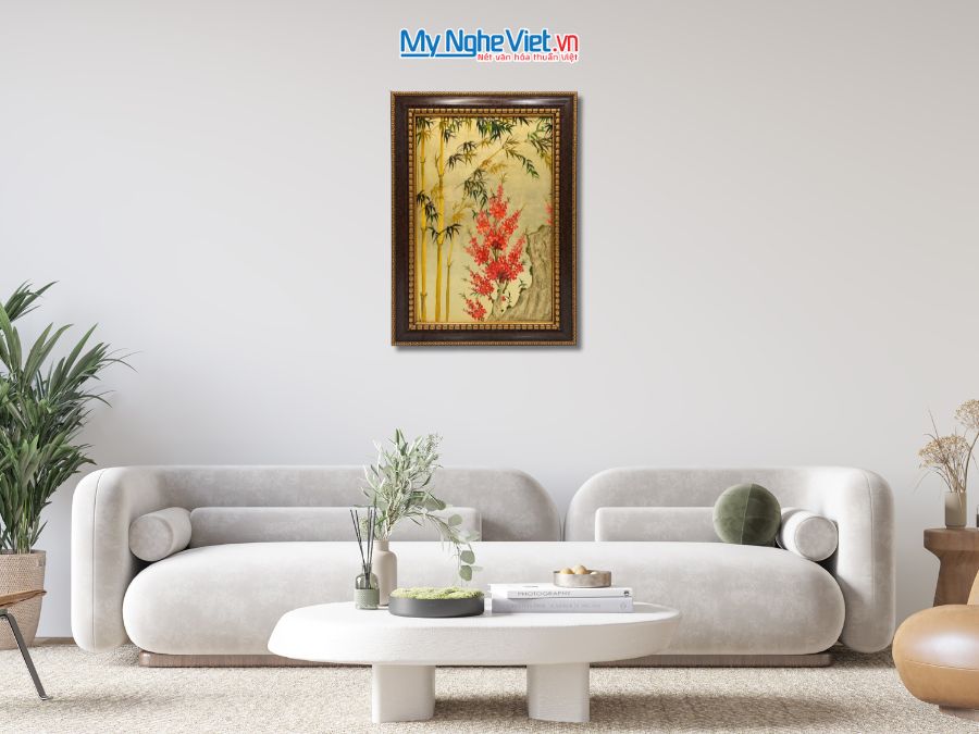 Tranh Sơn Mài Trúc Đào Dát Vàng 54x74cm TSM571-1.18