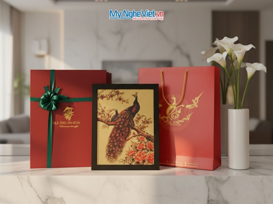 Tranh sơn mài dát bạc vẽ chim công TSM3545-1