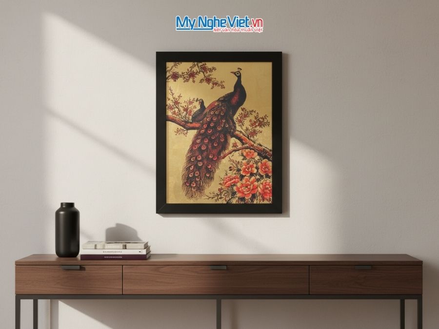 Tranh sơn mài dát bạc vẽ chim công TSM3545-1