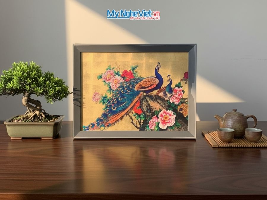 Tranh sơn mài dát bạc vẽ chim công TBL34/17K3-2