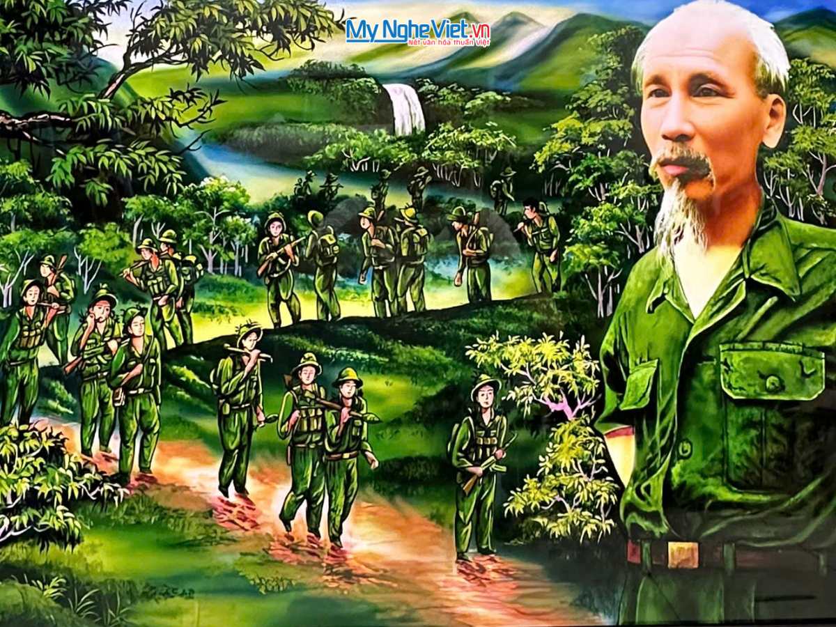 Tranh sơn mài làm theo yêu cầu Tranh sơn mài Bác Hồ Hành Quân Tranh lọt lòng 60x90cm Khung bản 12cm (72x102cm) TSM69KN1