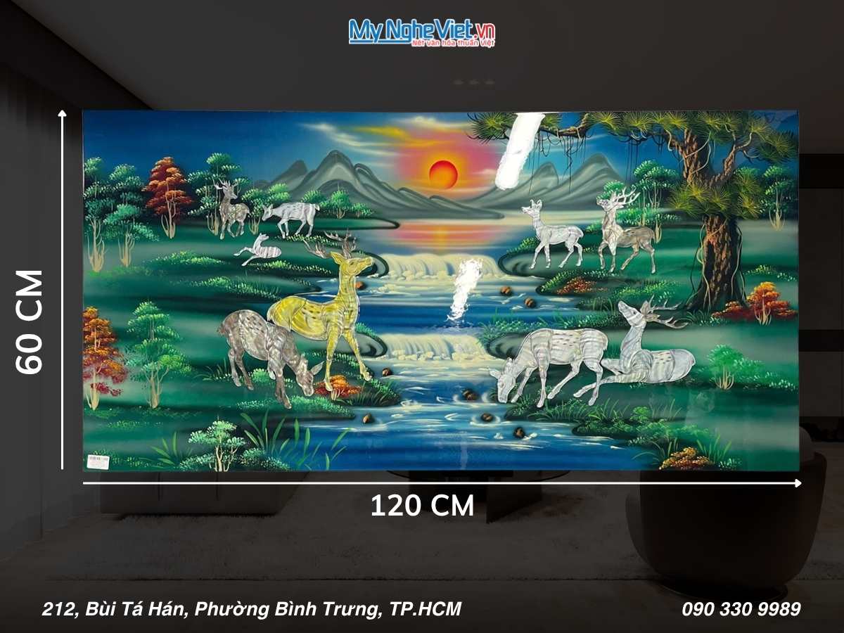 Tranh SM Tùng Lộc cẩn ốc nền xanh 60x120 MNV-TSM612.TL