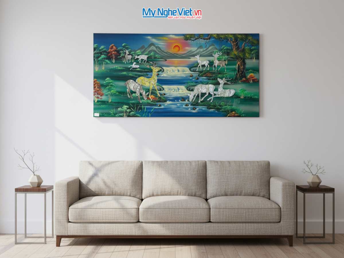 Tranh SM Tùng Lộc cẩn ốc nền xanh 60x120 MNV-TSM612.TL