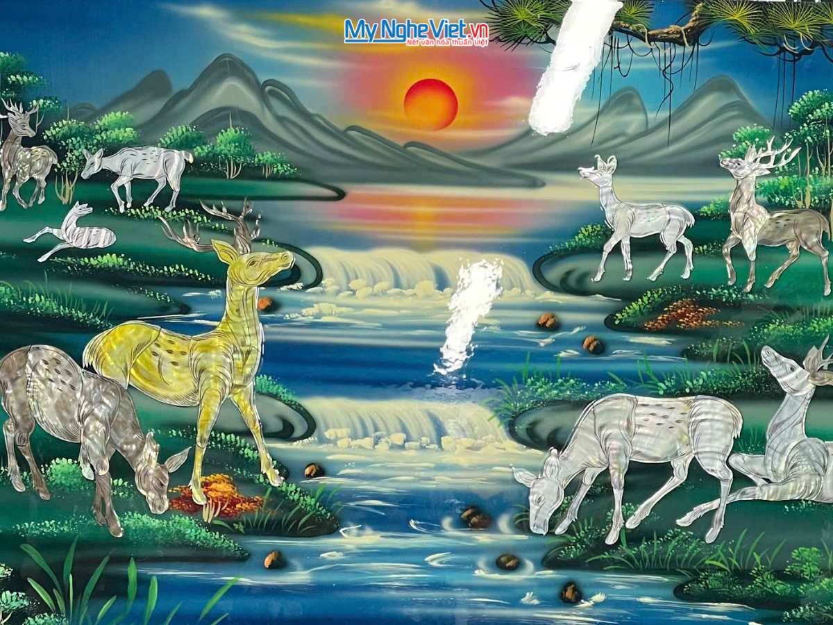 Tranh SM Tùng Lộc cẩn ốc nền xanh 60x120 MNV-TSM612.TL