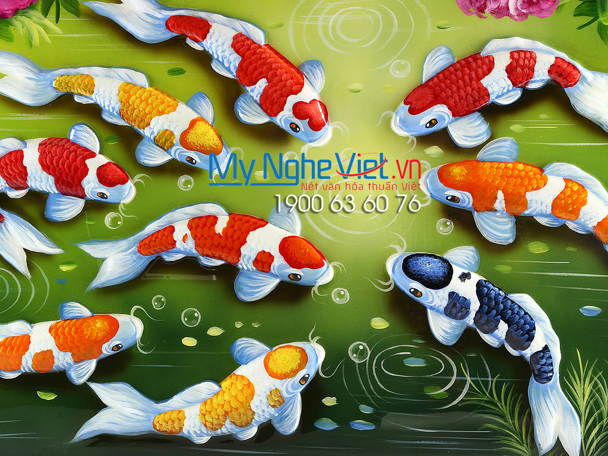 Tranh Sơn mài 3D cá mẫu đơn đắp nổi MNV-SMH3D7136-1