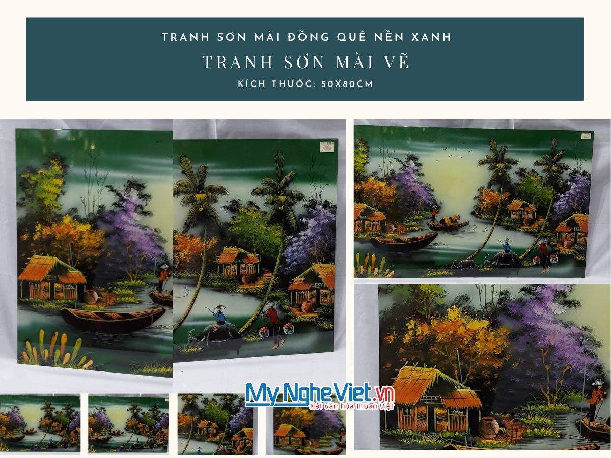 Tranh Sơn mài Đồng Quê Vẽ nền xanh lá TSM584-2