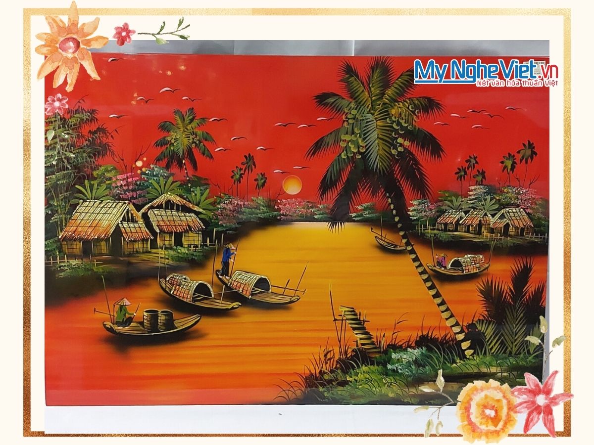 Tranh Sơn mài Đồng Quê Vẽ Cao Cấp nền đỏ cam TSMCC574-1