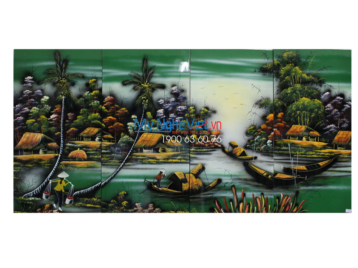 Bộ tranh sơn mài vẽ cảnh đồng quê nền xanh MNV-TSM363-2